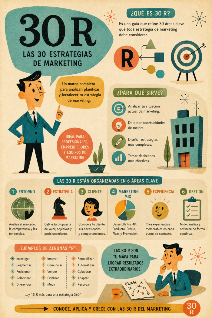 Infografía educativa sobre 30 R, sus elementos principales y su relación con el marketing digital.