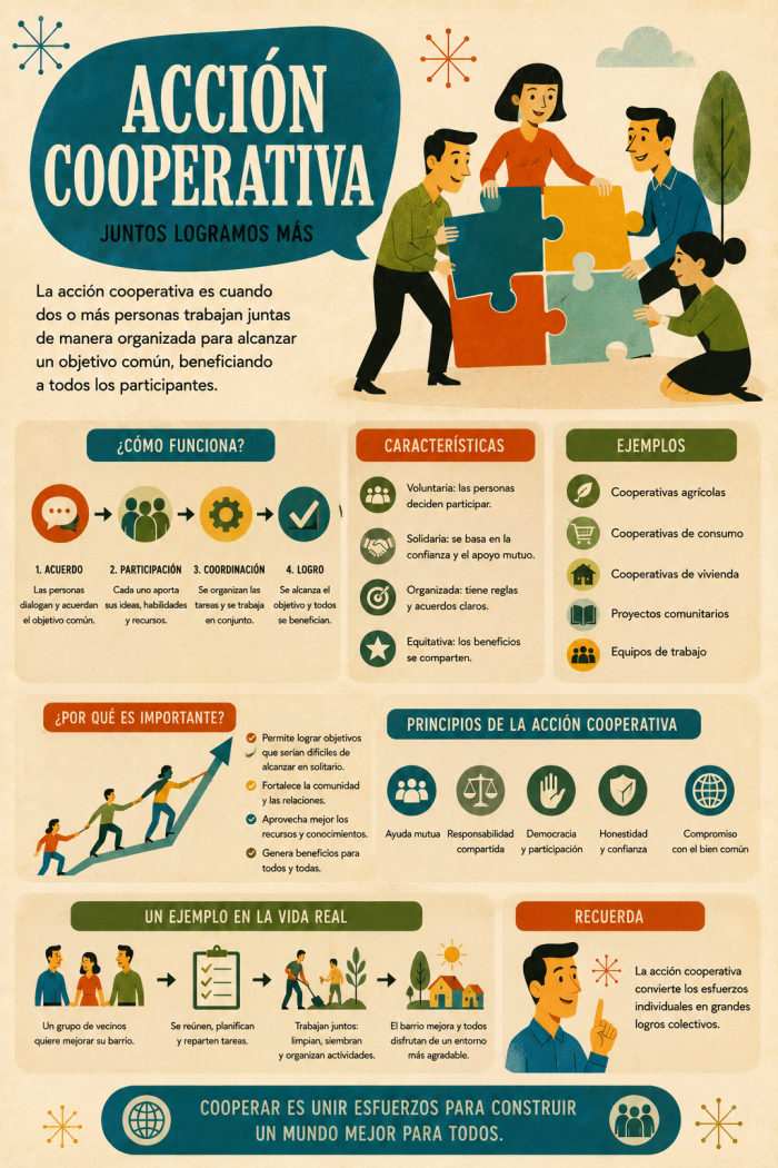 Infografía educativa sobre Acción cooperativa, sus elementos principales y su relación con el marketing digital.
