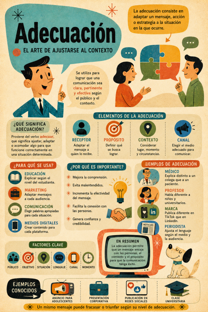 Infografía educativa sobre Adecuación, sus elementos principales y su relación con el marketing digital.