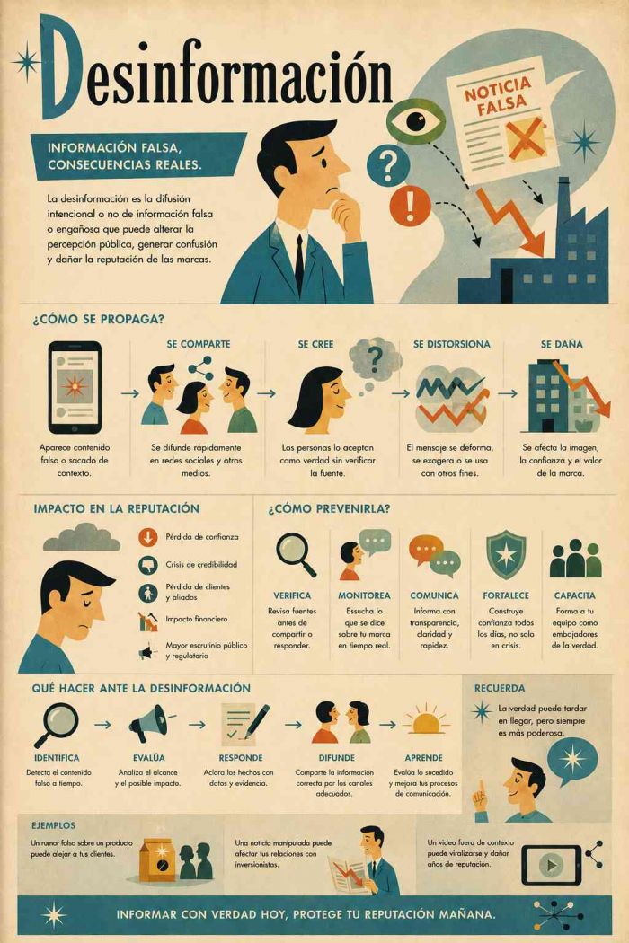 Infografía educativa sobre Desinformación, sus elementos principales y su relación con el marketing digital.