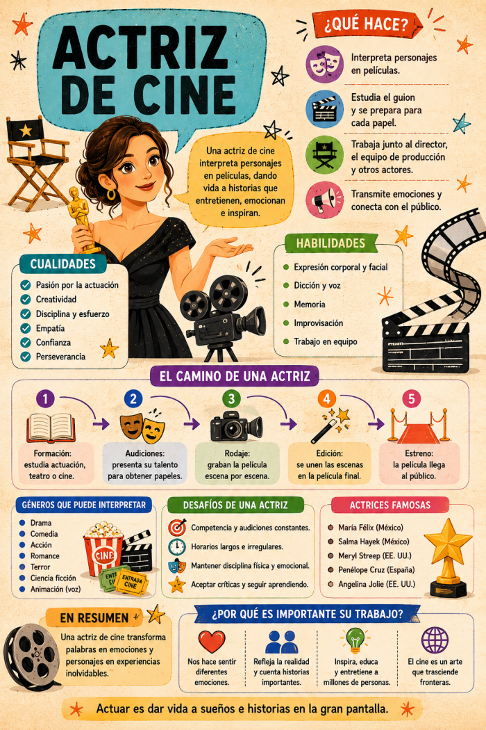 Infografía educativa sobre Actriz de cine, sus elementos principales y su relación con el marketing digital.