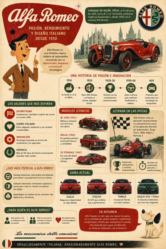 Infografía educativa sobre Alfa Romeo, sus elementos principales y su relación con el marketing digital.