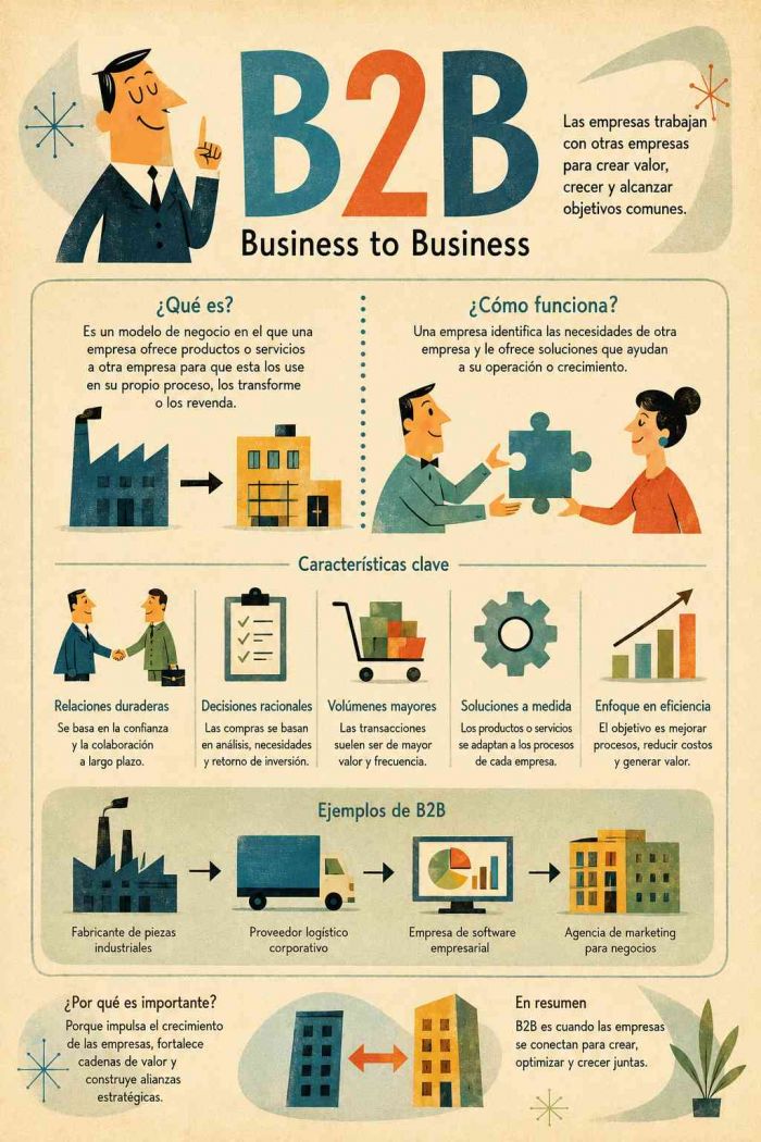Infografía educativa sobre B2B, sus elementos principales y su relación con el marketing digital.
