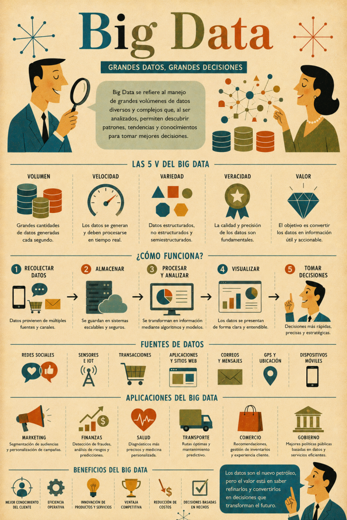 Infografía educativa sobre Big Data, sus elementos principales y su relación con el marketing digital.
