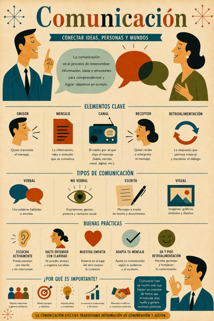 Infografía educativa sobre Comunicación, sus elementos principales y su relación con el marketing digital.