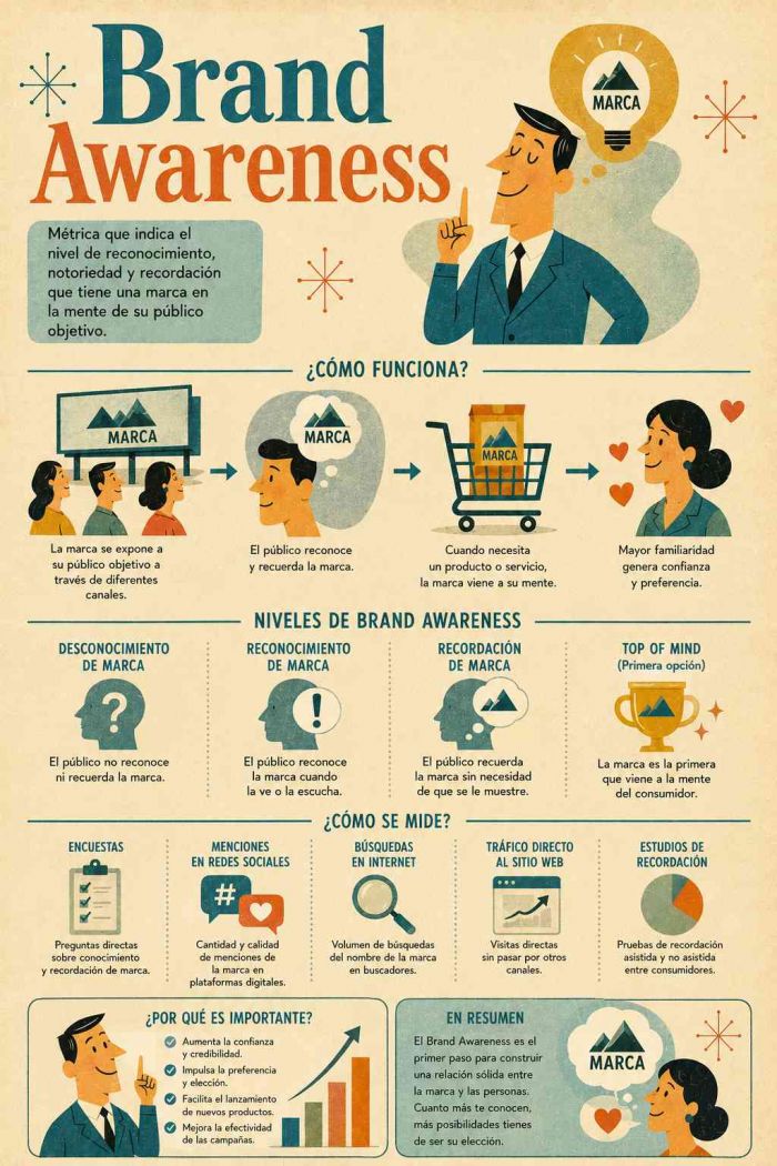 Infografía educativa sobre Brand Awareness, sus elementos principales y su relación con el marketing digital.