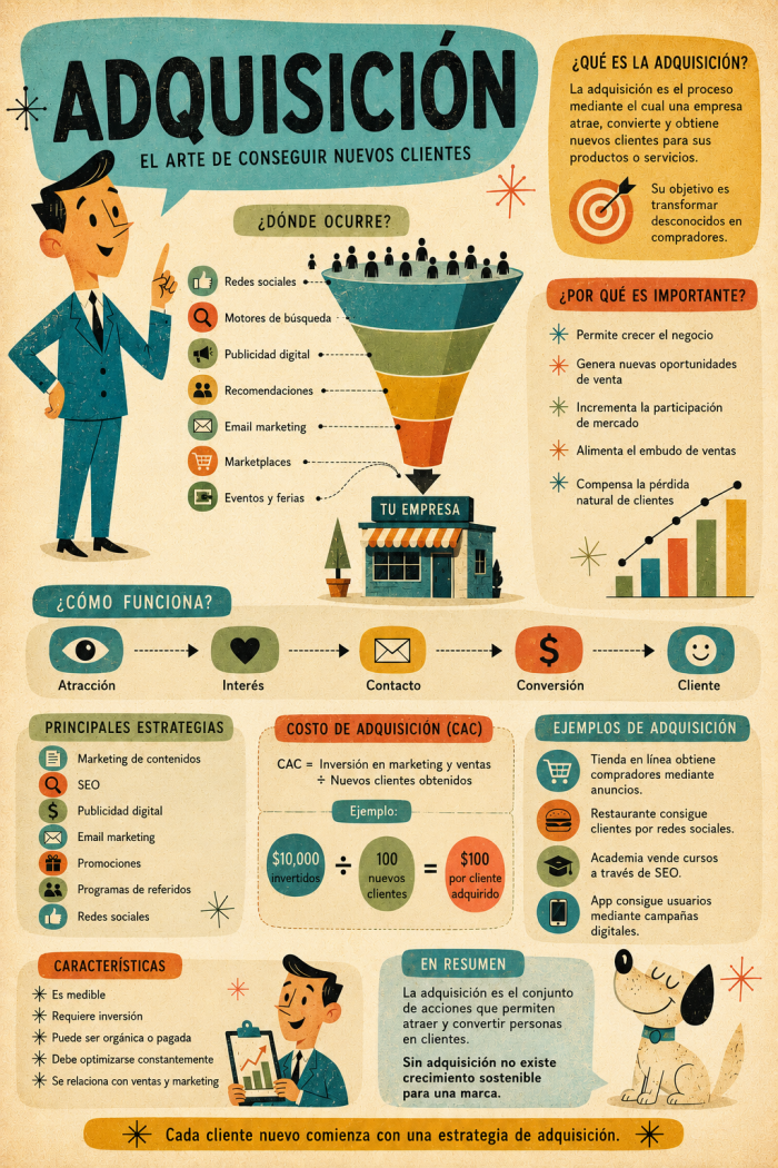 Infografía educativa sobre Adquisición, sus elementos principales y su relación con el marketing digital.