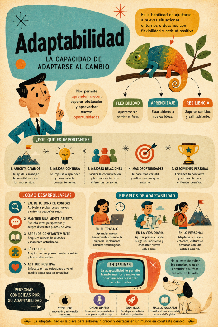 Infografía educativa sobre Adaptabilidad, sus elementos principales y su relación con el marketing digital.