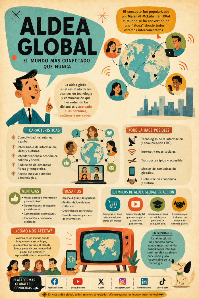 Infografía educativa sobre Aldea global, sus elementos principales y su relación con el marketing digital.