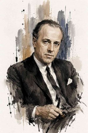 Retrato en blanco y negro de Marshall McLuhan con gafas y traje
