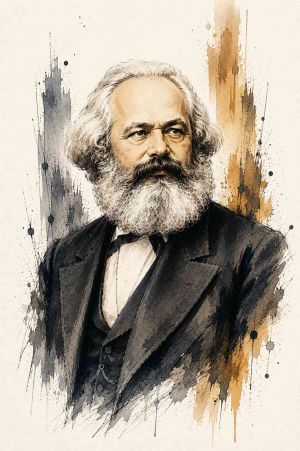 Retrato clásico de Karl Marx con barba y cabello abundante