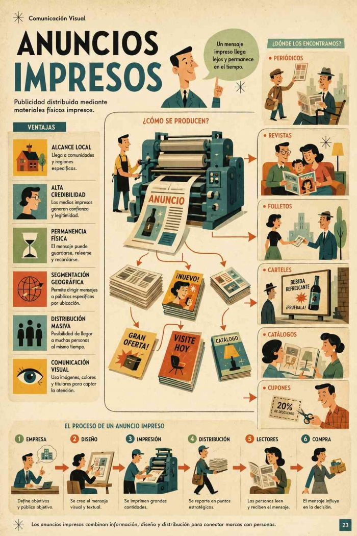 Infografía educativa sobre Anuncios Impresos, sus elementos principales y su relación con el marketing digital.