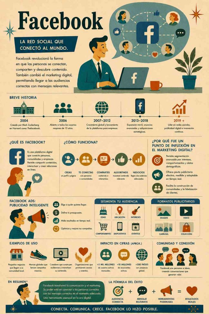 Infografía educativa sobre Facebook, sus elementos principales y su relación con el marketing digital.