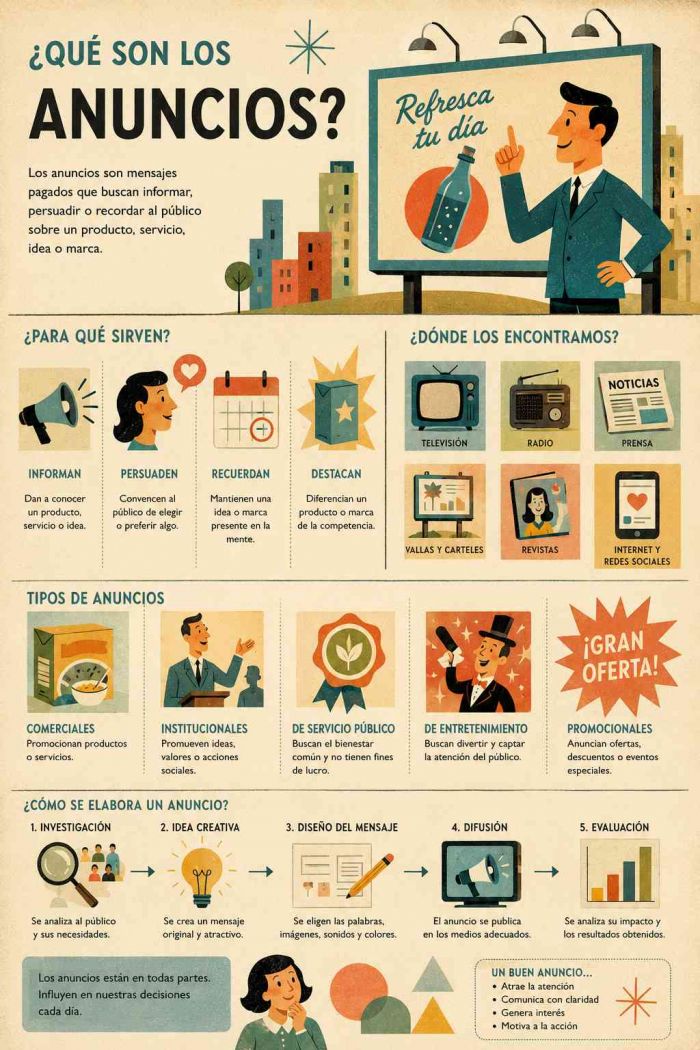 Infografía educativa sobre Anuncios, sus elementos principales y su relación con el marketing digital.