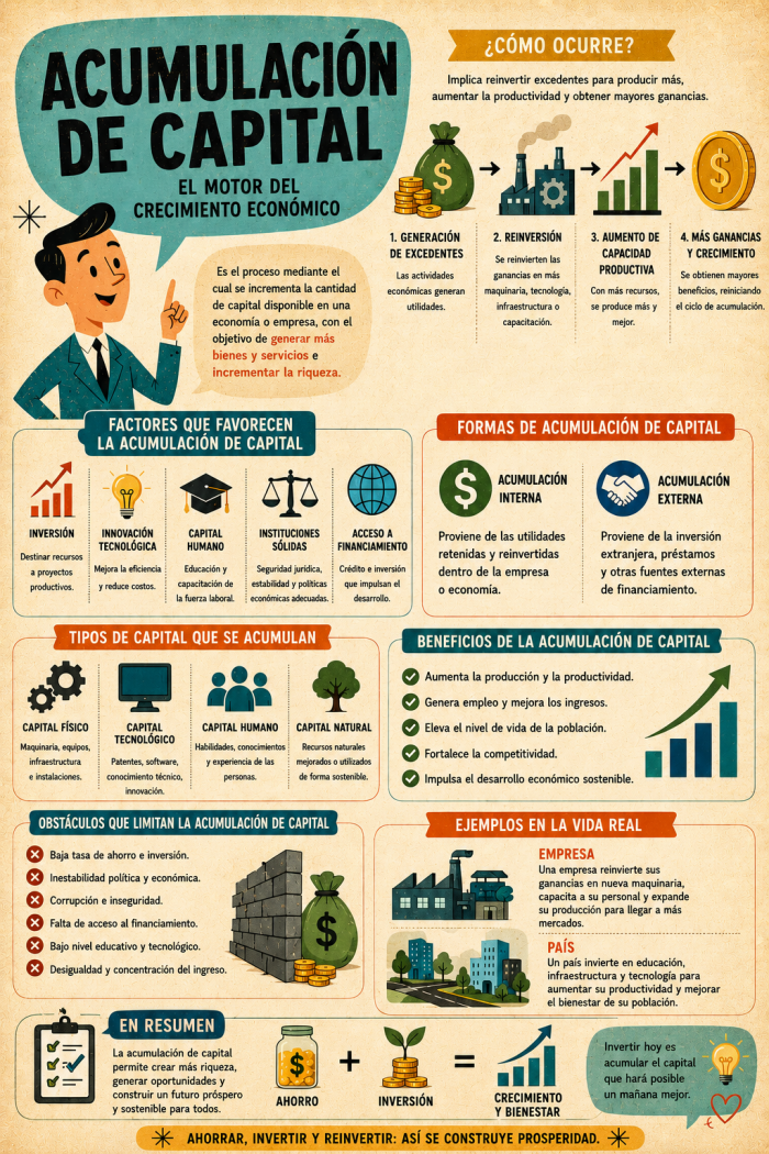 Infografía educativa sobre Acumulación de capital, sus elementos principales y su relación con el marketing digital.